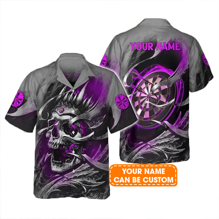 Customized Name Darts Hawaiian Shirts, Purple Skull Dartboard Personalized Name Darts Aloha Shirts For Men - Gift For Darts Lovers, Darts Team Players