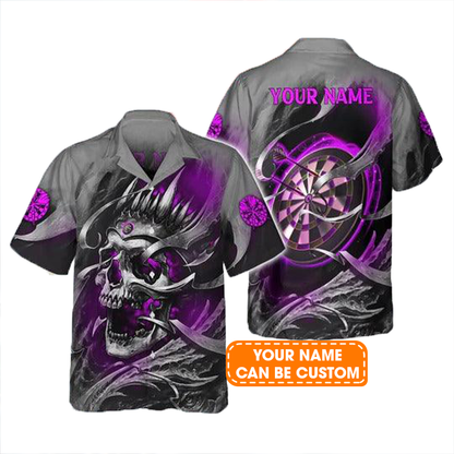 Customized Name Darts Hawaiian Shirts, Purple Skull Dartboard Personalized Name Darts Aloha Shirts For Men - Gift For Darts Lovers, Darts Team Players