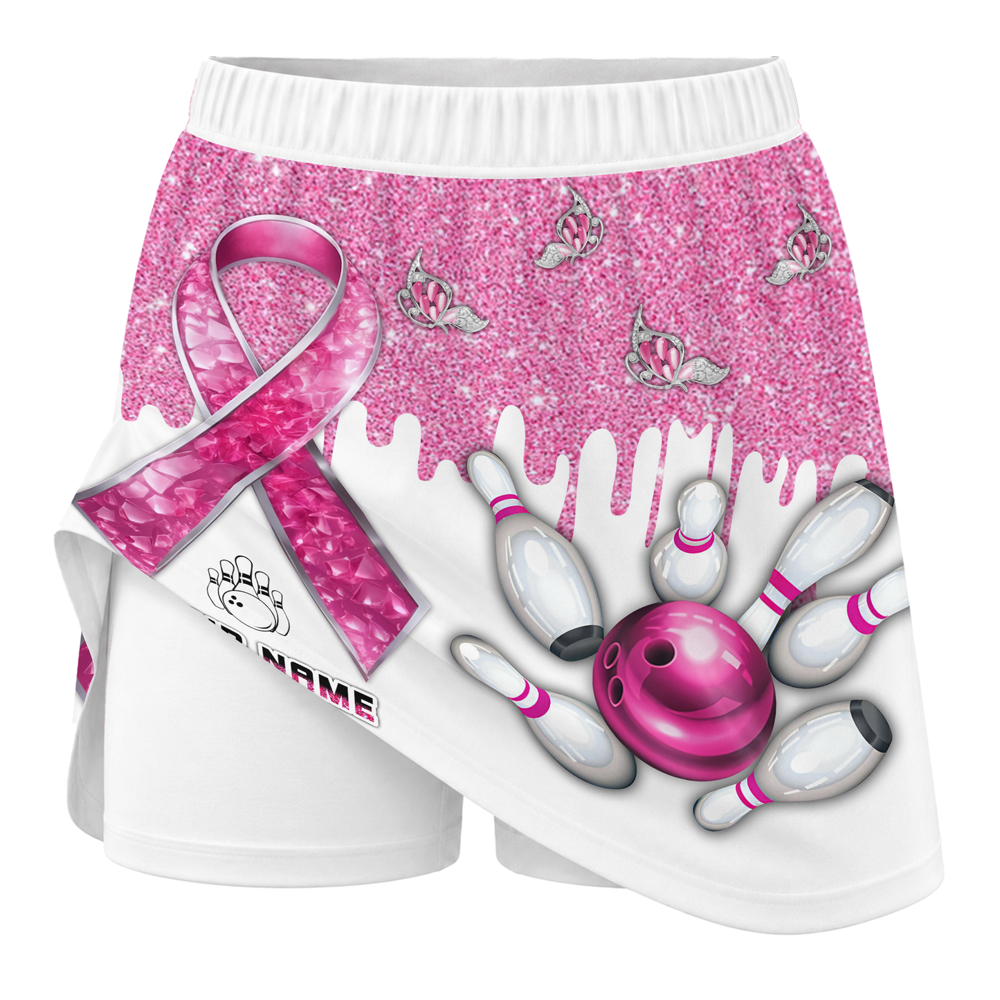 Customized Bowling Trouser Skirts With Shorts Underneath, Bowling Pink Ribbon Glitter Skorts With Pockets