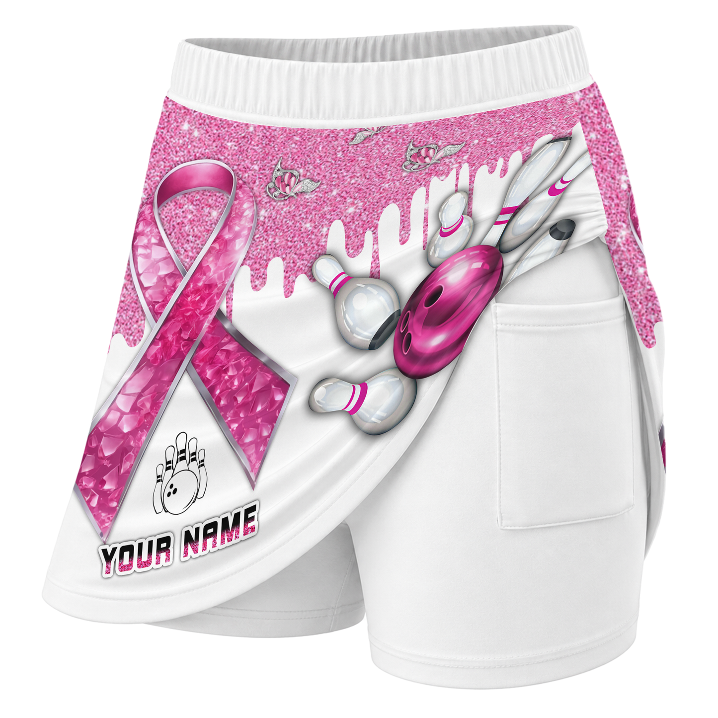 Customized Bowling Trouser Skirts With Shorts Underneath, Bowling Pink Ribbon Glitter Skorts With Pockets