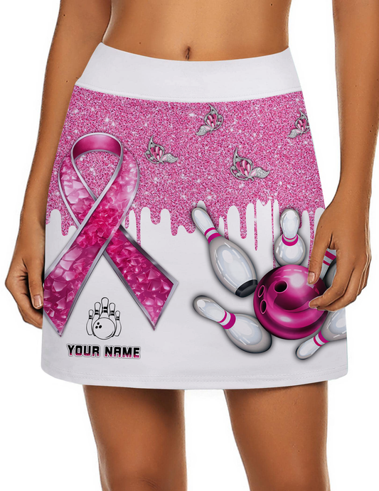 Customized Bowling Trouser Skirts With Shorts Underneath, Bowling Pink Ribbon Glitter Skorts With Pockets