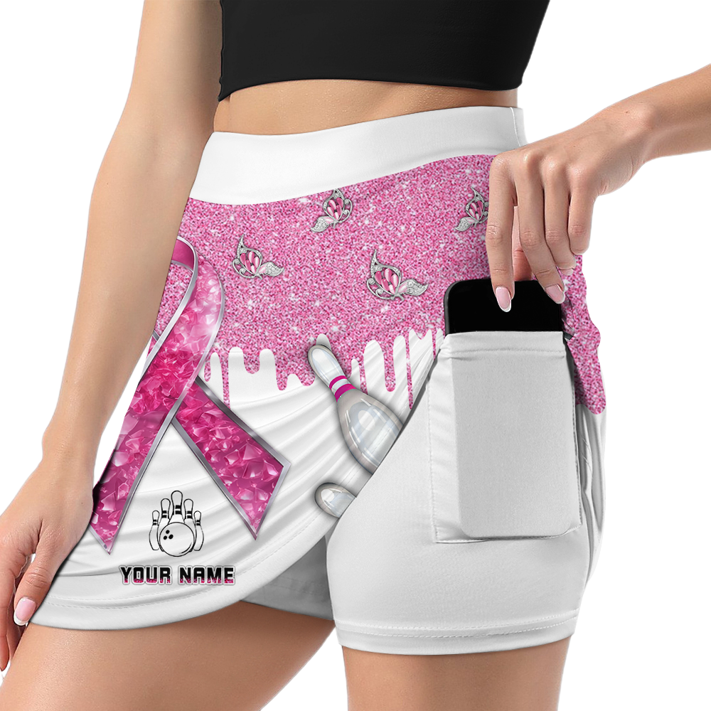 Customized Bowling Trouser Skirts With Shorts Underneath, Bowling Pink Ribbon Glitter Skorts With Pockets