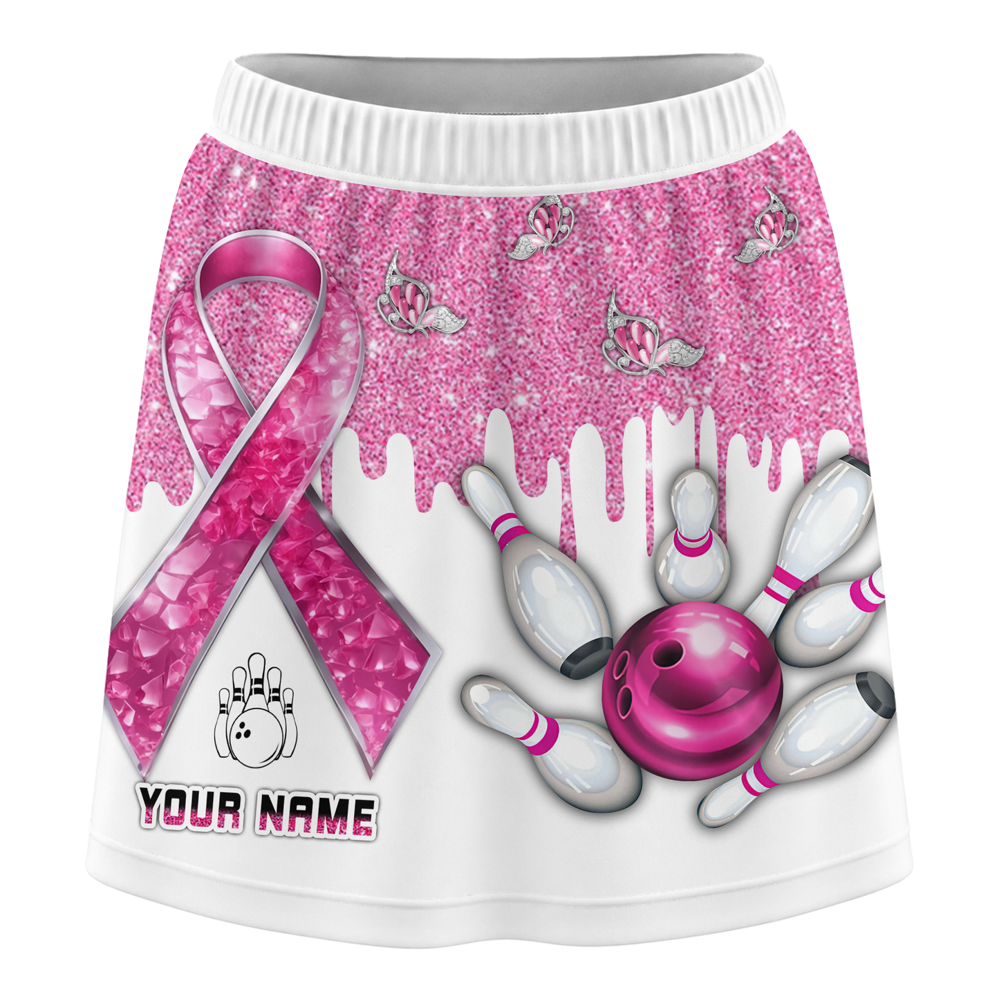 Customized Bowling Trouser Skirts With Shorts Underneath, Bowling Pink Ribbon Glitter Skorts With Pockets