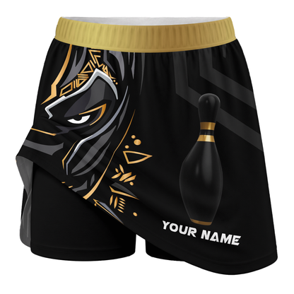 Customized Bowling Trouser Skirts With Shorts Underneath, Bowling Ball & Pins Black Panther Pro Sport Skorts With Pockets