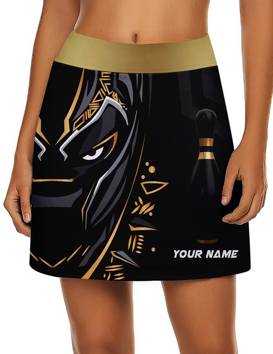 Customized Bowling Trouser Skirts With Shorts Underneath, Bowling Ball & Pins Black Panther Pro Sport Skorts With Pockets