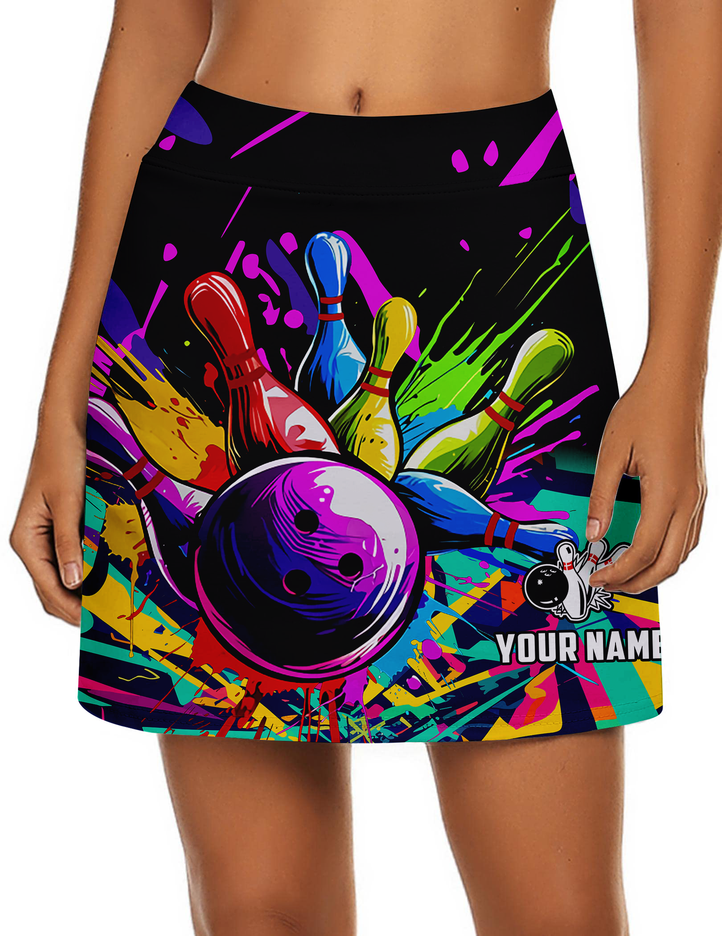 Customized Bowling Trouser Skirts With Shorts Underneath, Bowling Rainbow Multicolor Paint Brushes Skorts With Pockets