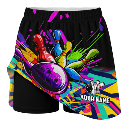 Customized Bowling Trouser Skirts With Shorts Underneath, Bowling Rainbow Multicolor Paint Brushes Skorts With Pockets