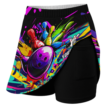Customized Bowling Trouser Skirts With Shorts Underneath, Bowling Rainbow Multicolor Paint Brushes Skorts With Pockets