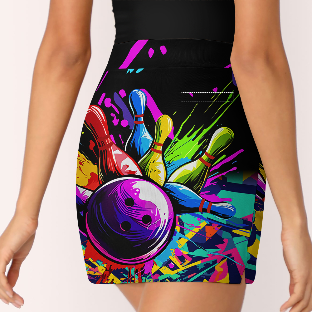 Customized Bowling Trouser Skirts With Shorts Underneath, Bowling Rainbow Multicolor Paint Brushes Skorts With Pockets