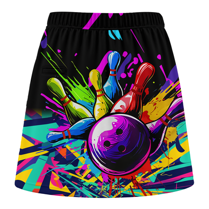 Customized Bowling Trouser Skirts With Shorts Underneath, Bowling Rainbow Multicolor Paint Brushes Skorts With Pockets