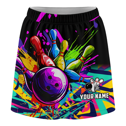 Customized Bowling Trouser Skirts With Shorts Underneath, Bowling Rainbow Multicolor Paint Brushes Skorts With Pockets