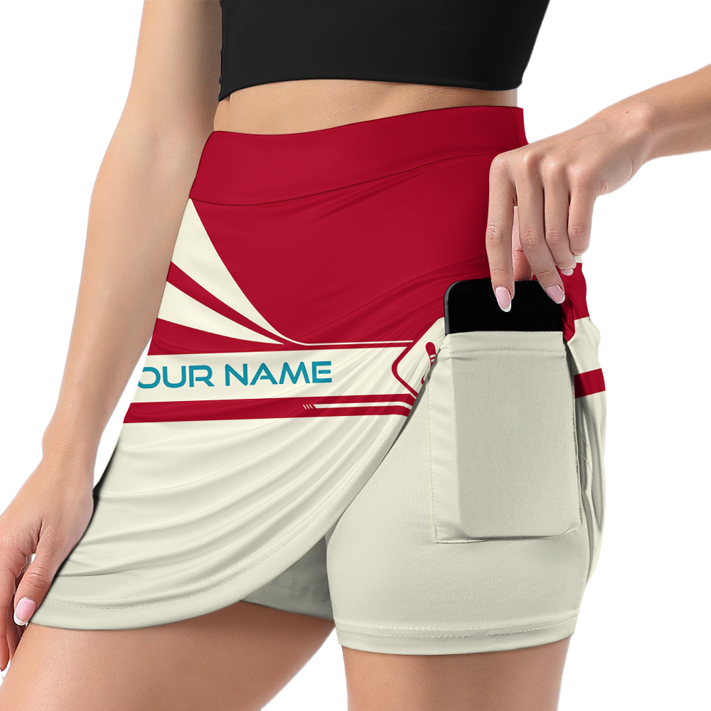 Customized Bowling Trouser Skirts With Shorts Underneath, Bowling Red And Sand Color Skorts With Pockets