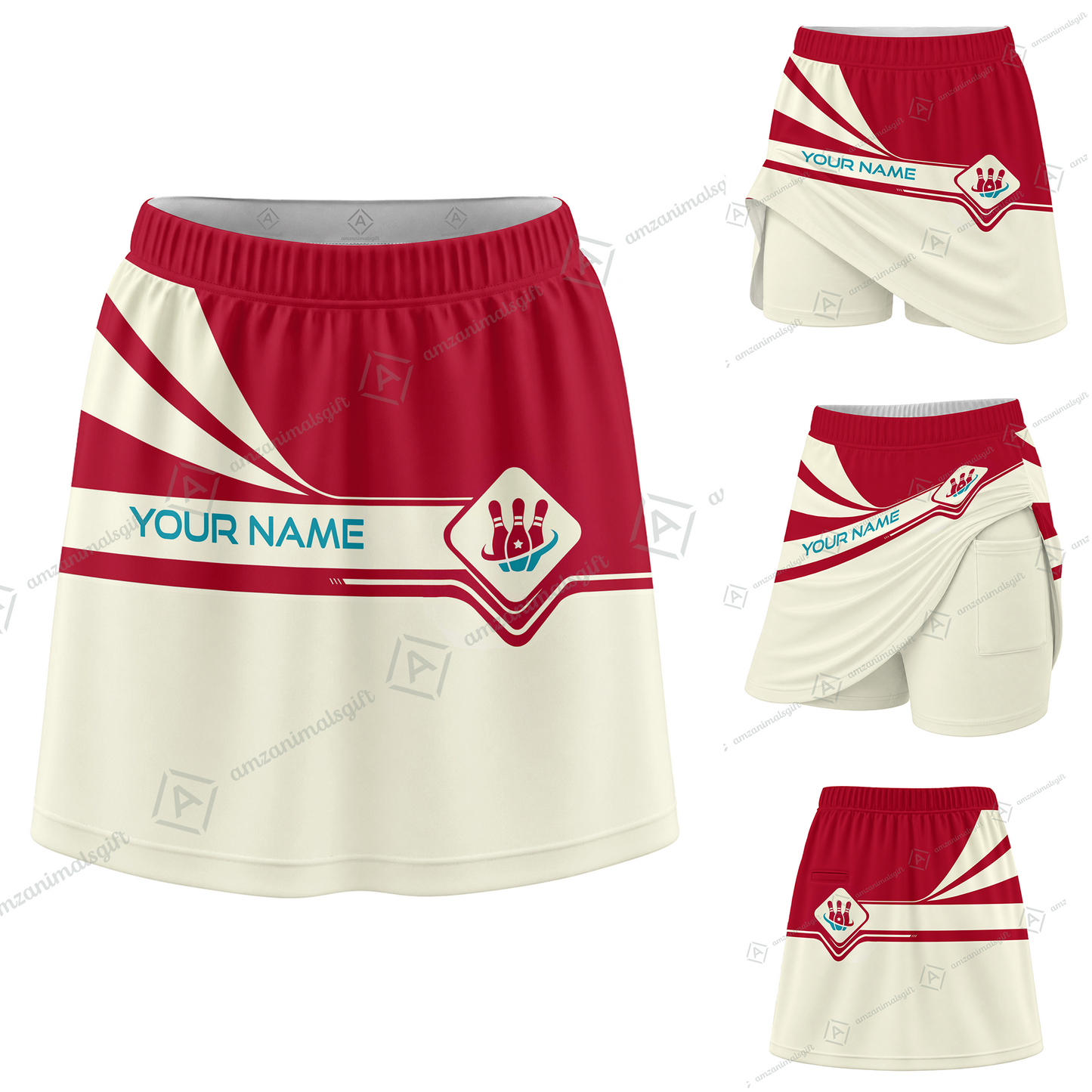 Customized Bowling Trouser Skirts With Shorts Underneath, Bowling Red And Sand Color Skorts With Pockets