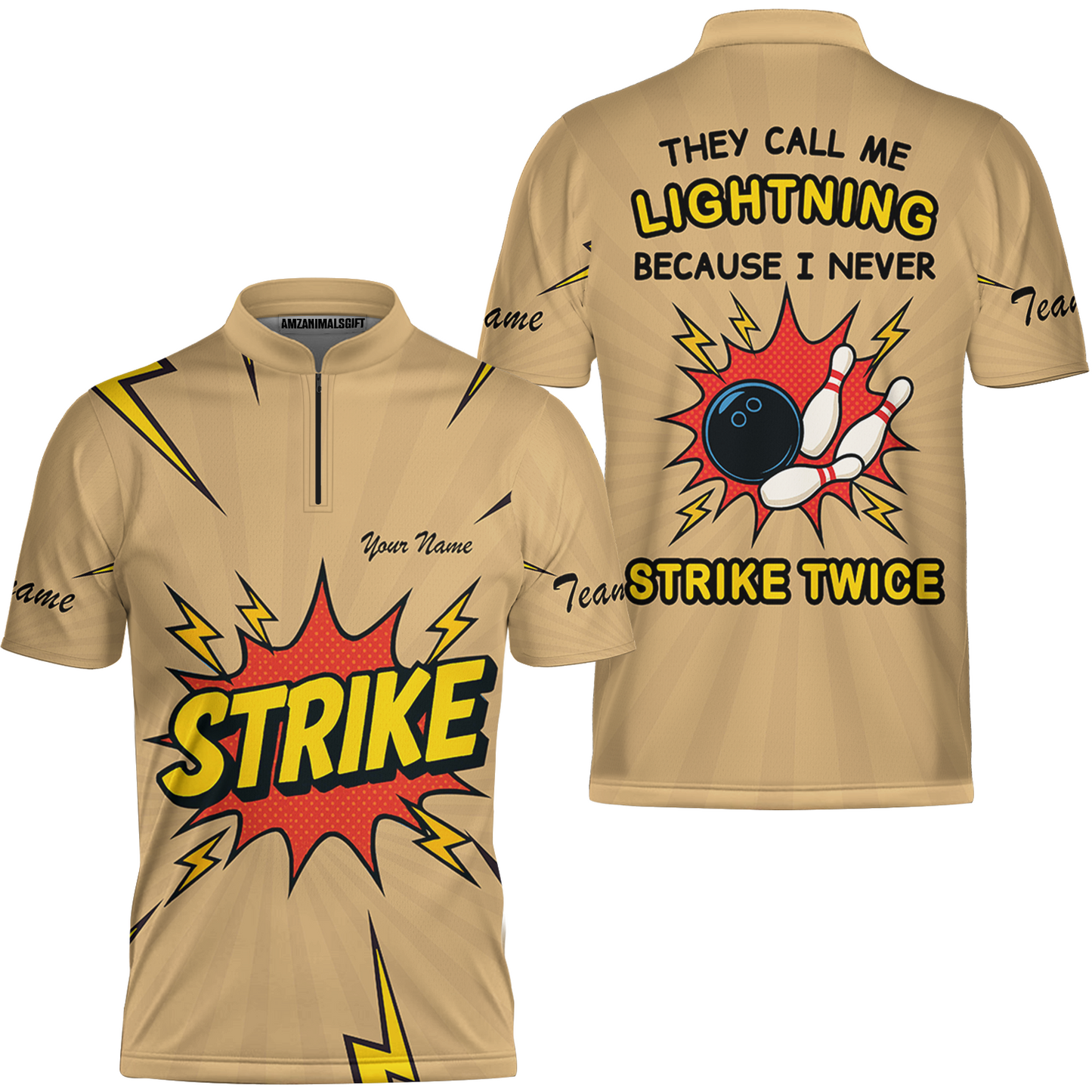 Customized Bowling Team Jersey, They Call Me Lightning Because I Never Strike Twice Comic Style Quarter-Zip Shirt