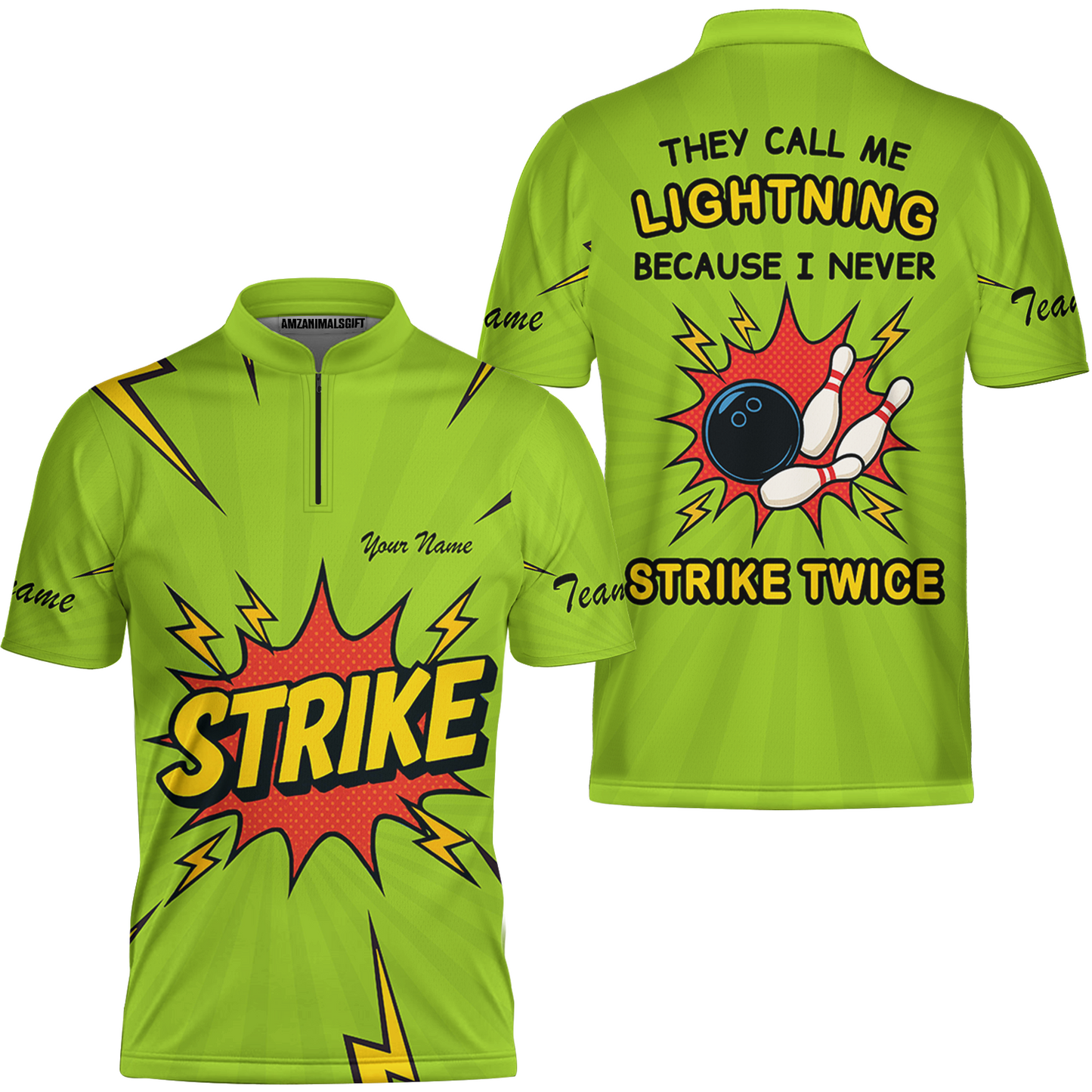 Customized Bowling Team Jersey, They Call Me Lightning Because I Never Strike Twice Comic Style Quarter-Zip Shirt