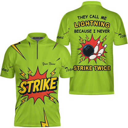 Customized Bowling Team Jersey, They Call Me Lightning Because I Never Strike Twice Comic Style Quarter-Zip Shirt