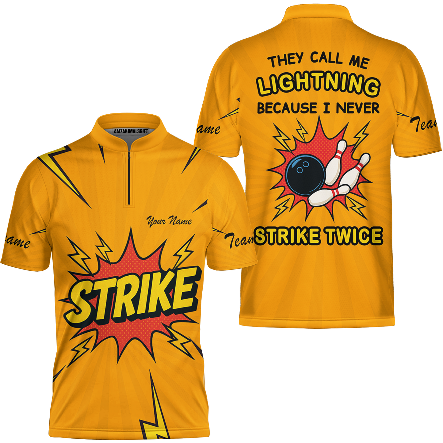 Customized Bowling Team Jersey, They Call Me Lightning Because I Never Strike Twice Comic Style Quarter-Zip Shirt