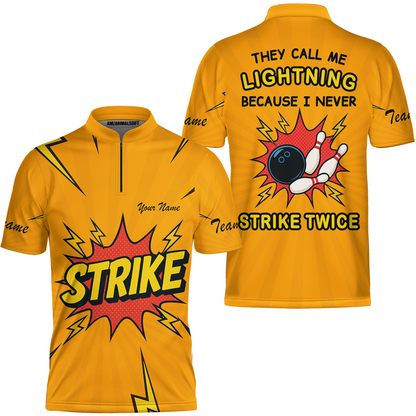 Customized Bowling Team Jersey, They Call Me Lightning Because I Never Strike Twice Comic Style Quarter-Zip Shirt
