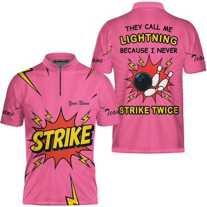 Customized Bowling Team Jersey, They Call Me Lightning Because I Never Strike Twice Comic Style Quarter-Zip Shirt