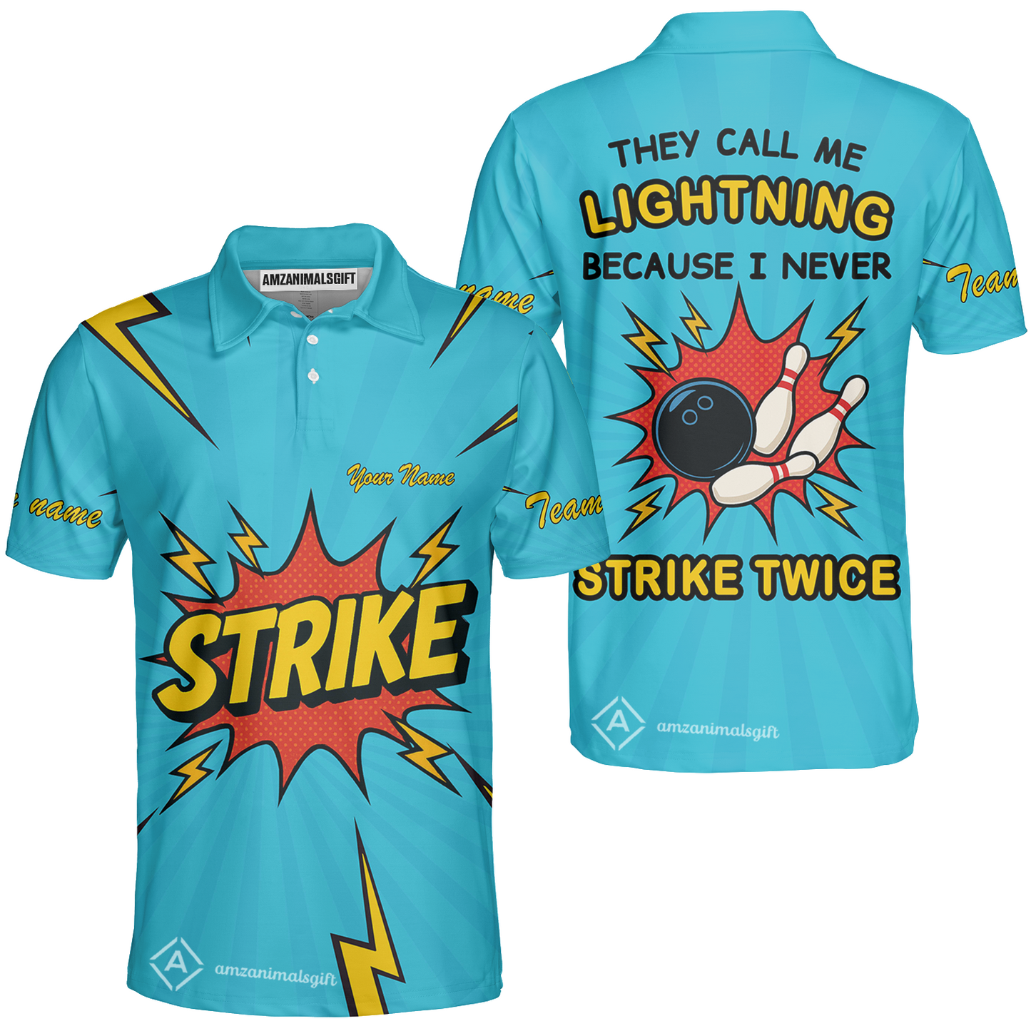 Customized Bowling Team Unisex Polo Shirt, They Call Me Lightning Because I Never Strike Twice Comic Style Polo Shirt