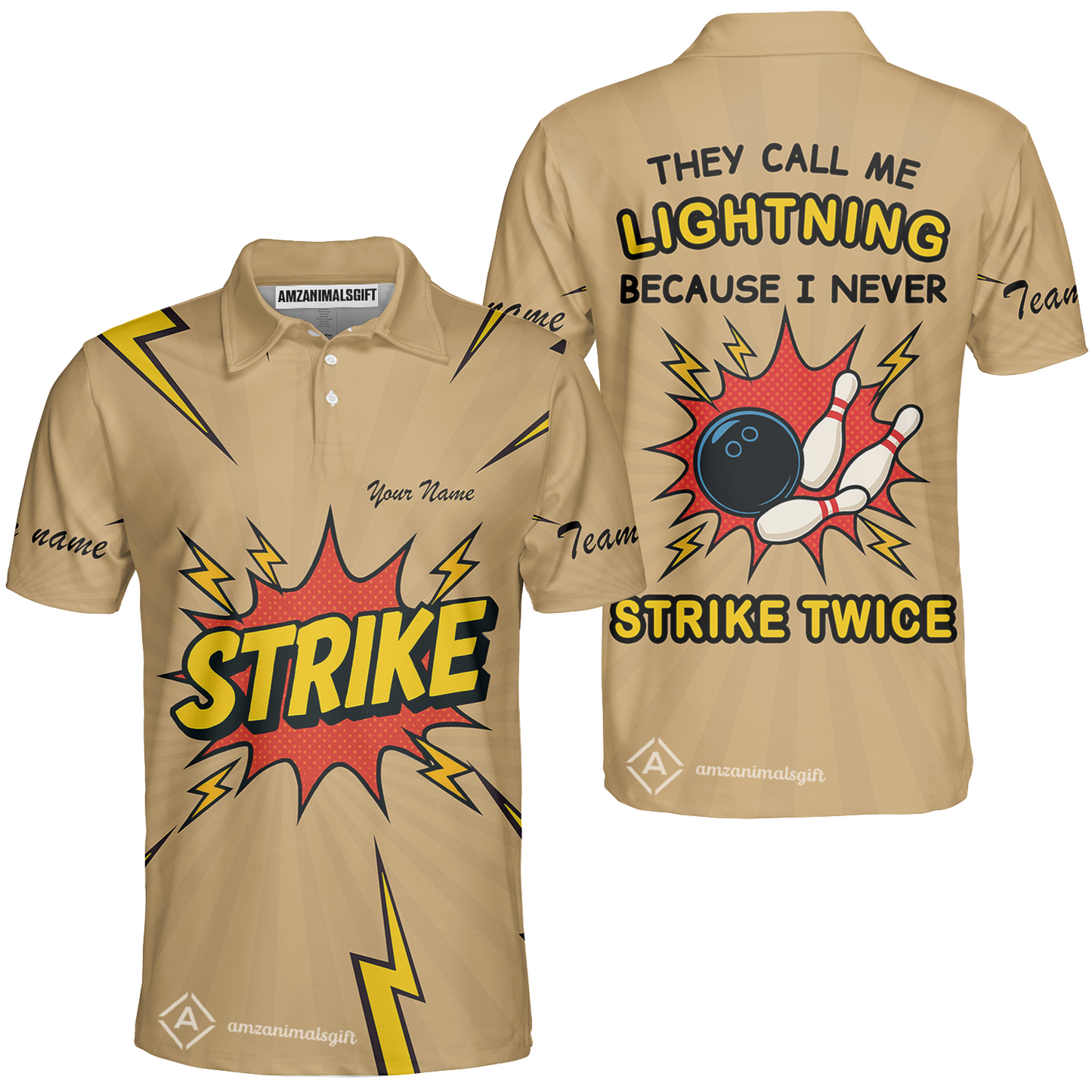 Customized Bowling Team Unisex Polo Shirt, They Call Me Lightning Because I Never Strike Twice Comic Style Polo Shirt