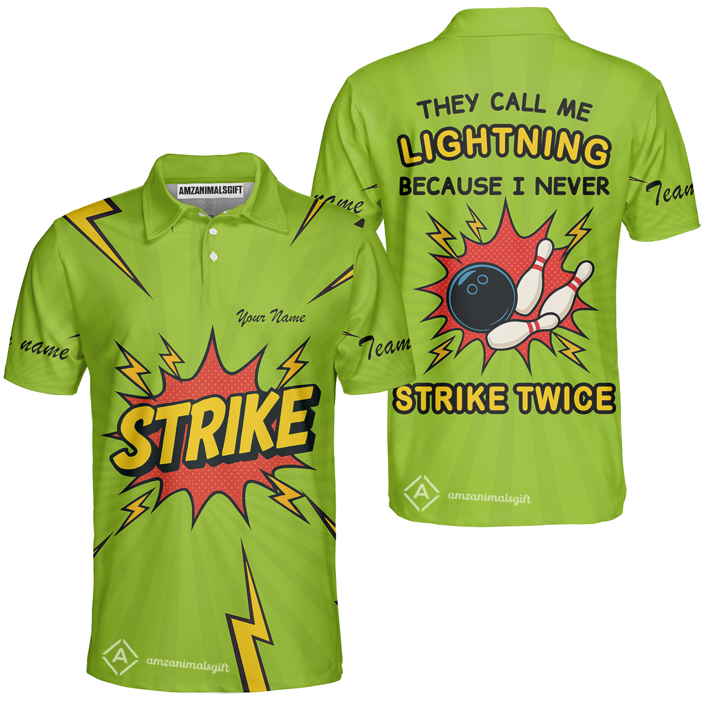 Customized Bowling Team Unisex Polo Shirt, They Call Me Lightning Because I Never Strike Twice Comic Style Polo Shirt