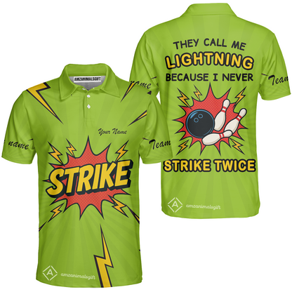 Customized Bowling Team Unisex Polo Shirt, They Call Me Lightning Because I Never Strike Twice Comic Style Polo Shirt