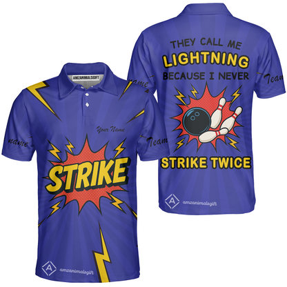 Customized Bowling Team Unisex Polo Shirt, They Call Me Lightning Because I Never Strike Twice Comic Style Polo Shirt