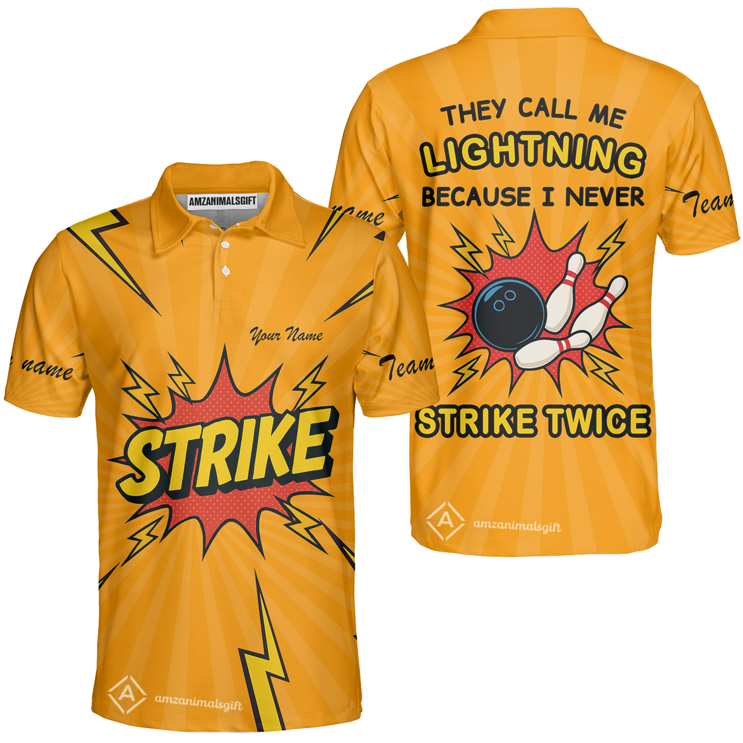 Customized Bowling Team Unisex Polo Shirt, They Call Me Lightning Because I Never Strike Twice Comic Style Polo Shirt