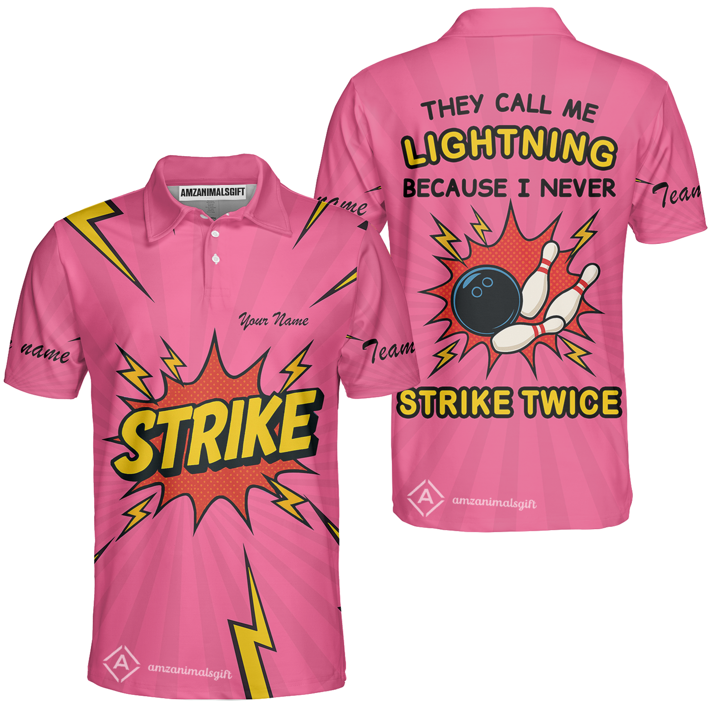 Customized Bowling Team Unisex Polo Shirt, They Call Me Lightning Because I Never Strike Twice Comic Style Polo Shirt