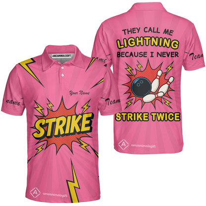 Customized Bowling Team Unisex Polo Shirt, They Call Me Lightning Because I Never Strike Twice Comic Style Polo Shirt