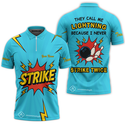 Customized Bowling Quarter-Zip Polo Shirt, They Call Me Lightning Because I Never Strike Twice Comic Style Zip Polo Shirt