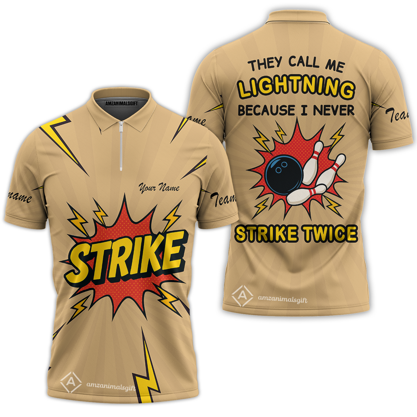 Customized Bowling Quarter-Zip Polo Shirt, They Call Me Lightning Because I Never Strike Twice Comic Style Zip Polo Shirt