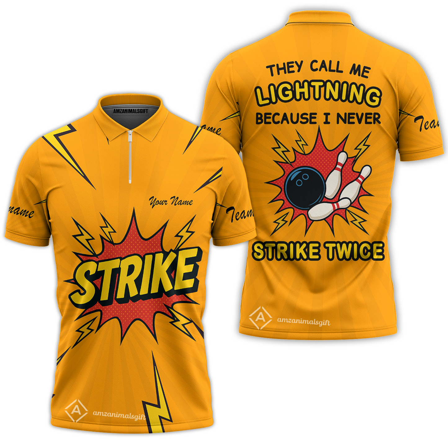 Customized Bowling Quarter-Zip Polo Shirt, They Call Me Lightning Because I Never Strike Twice Comic Style Zip Polo Shirt