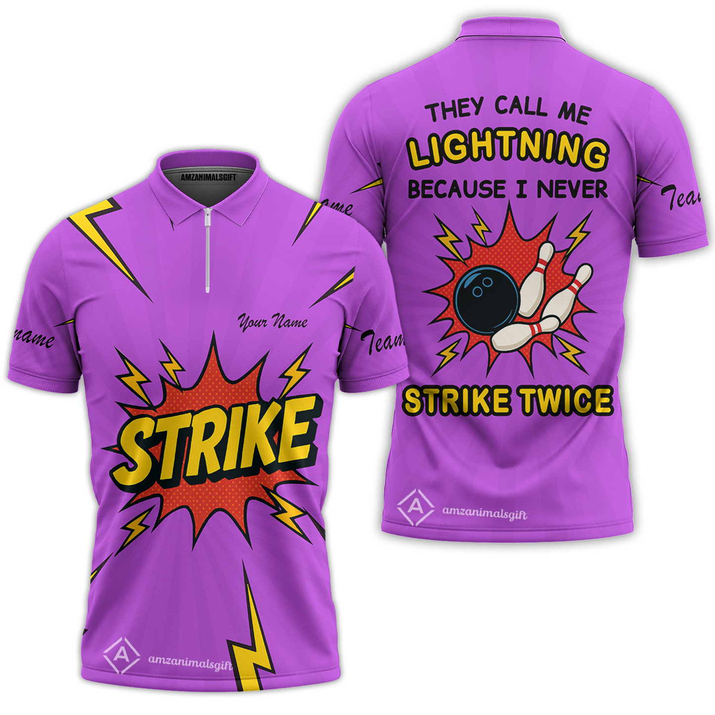 Customized Bowling Quarter-Zip Polo Shirt, They Call Me Lightning Because I Never Strike Twice Comic Style Zip Polo Shirt