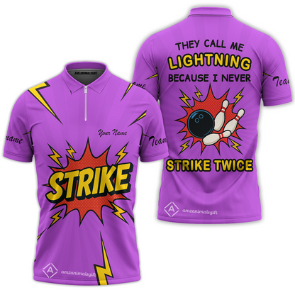 Customized Bowling Quarter-Zip Polo Shirt, They Call Me Lightning Because I Never Strike Twice Comic Style Zip Polo Shirt