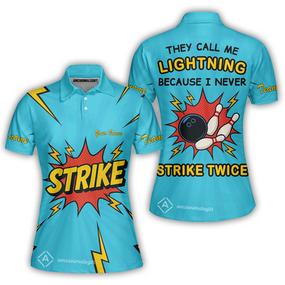 Customized Bowling Women Polo Shirt, They Call Me Lightning Because I Never Strike Twice Comic Style Women Polo Shirt