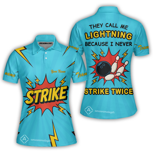 Customized Bowling Women Polo Shirt, They Call Me Lightning Because I Never Strike Twice Comic Style Women Polo Shirt