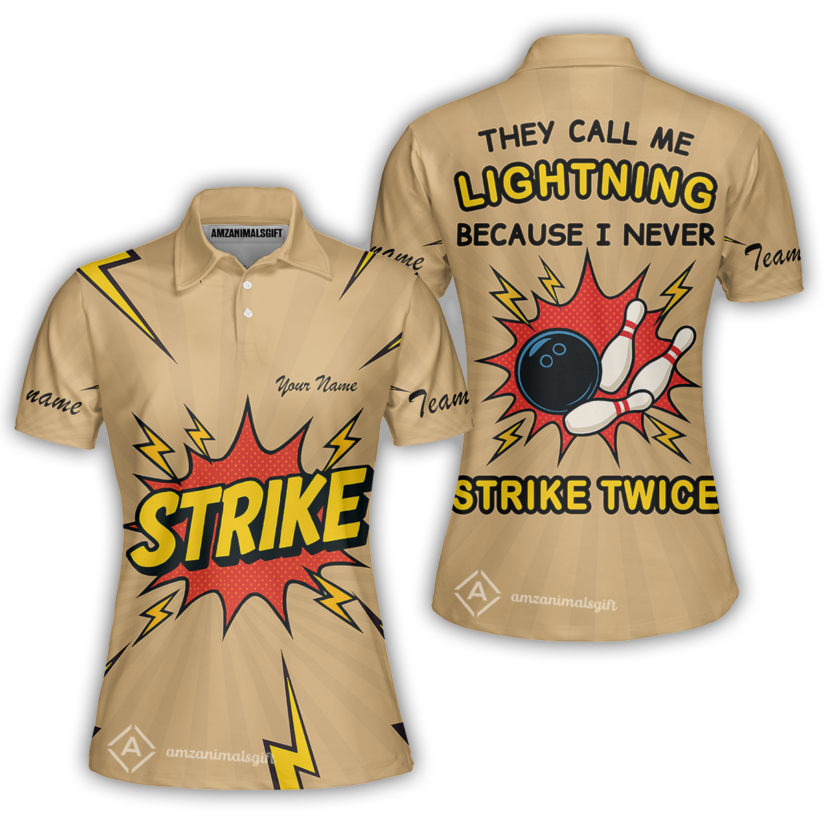 Customized Bowling Women Polo Shirt, They Call Me Lightning Because I Never Strike Twice Comic Style Women Polo Shirt