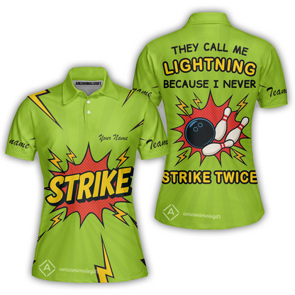 Customized Bowling Women Polo Shirt, They Call Me Lightning Because I Never Strike Twice Comic Style Women Polo Shirt