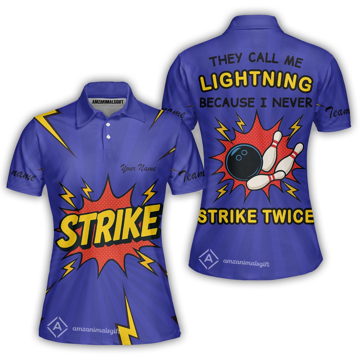 Customized Bowling Women Polo Shirt, They Call Me Lightning Because I Never Strike Twice Comic Style Women Polo Shirt