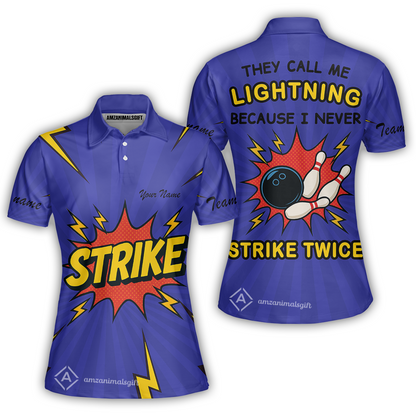 Customized Bowling Women Polo Shirt, They Call Me Lightning Because I Never Strike Twice Comic Style Women Polo Shirt