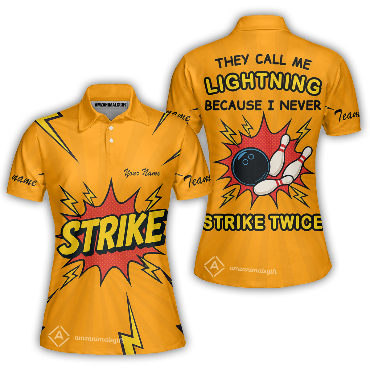 Customized Bowling Women Polo Shirt, They Call Me Lightning Because I Never Strike Twice Comic Style Women Polo Shirt