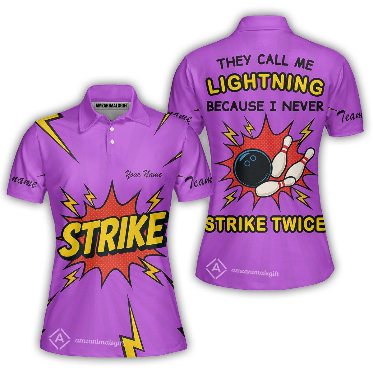 Customized Bowling Women Polo Shirt, They Call Me Lightning Because I Never Strike Twice Comic Style Women Polo Shirt
