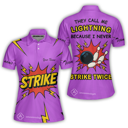 Customized Bowling Women Polo Shirt, They Call Me Lightning Because I Never Strike Twice Comic Style Women Polo Shirt