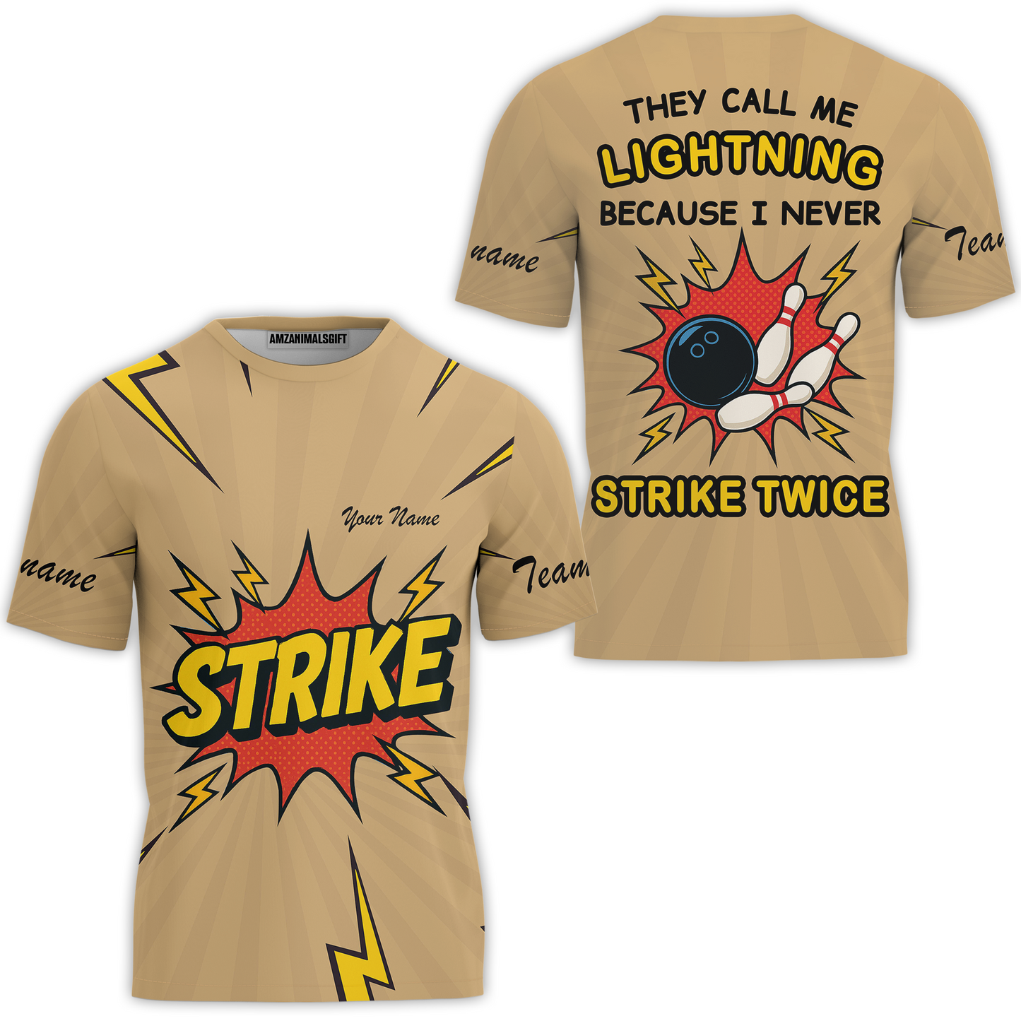 Customized Bowling Team T-Shirt, They Call Me Lightning Because I Never Strike Twice Comic Style T-Shirt For Bowlers