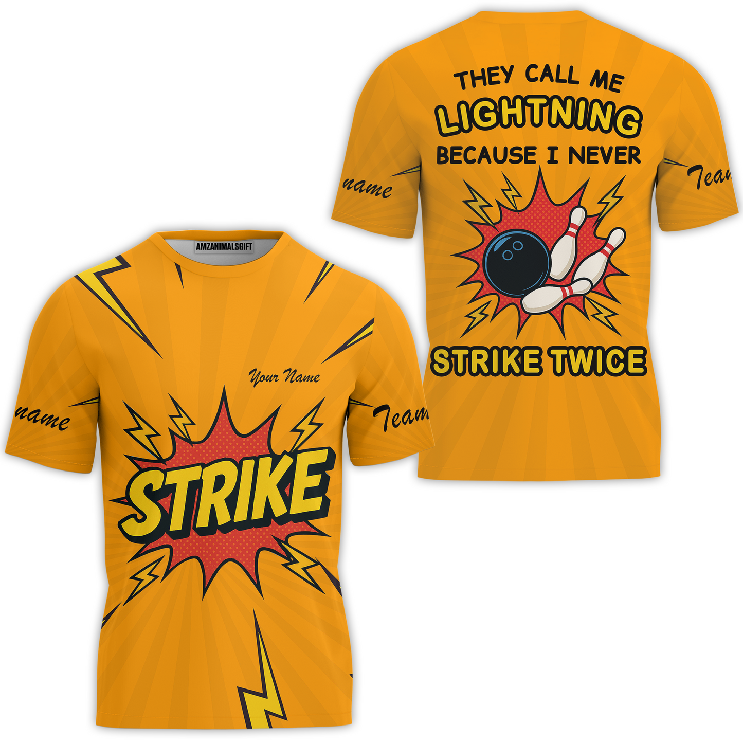 Customized Bowling Team T-Shirt, They Call Me Lightning Because I Never Strike Twice Comic Style T-Shirt For Bowlers