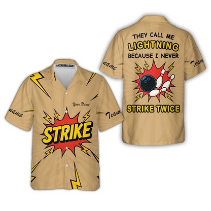 Customized Bowling Team Button Up Shirt, They Call Me Lightning Because I Never Strike Twice Comic Style Hawaiian Shirt