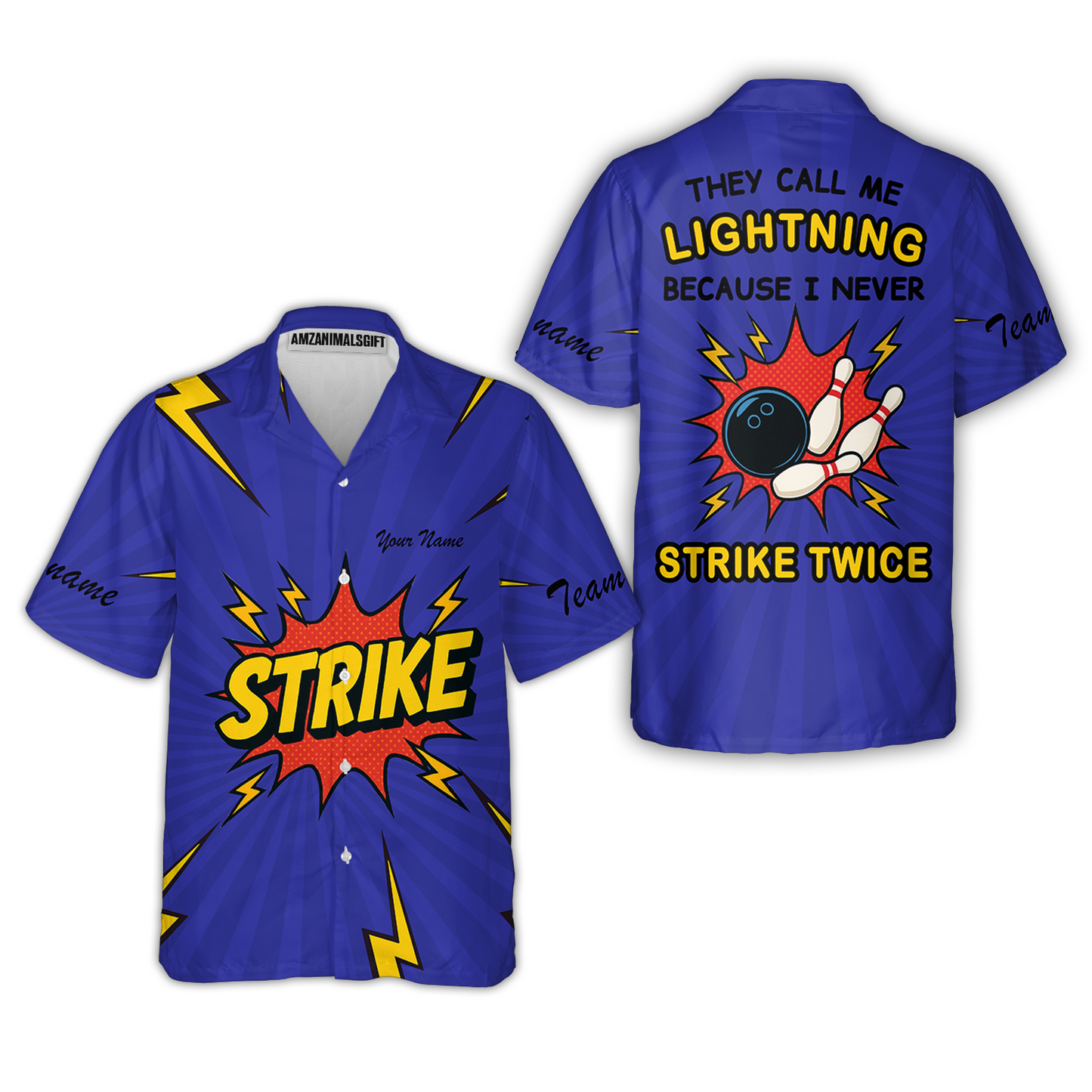 Customized Bowling Team Button Up Shirt, They Call Me Lightning Because I Never Strike Twice Comic Style Hawaiian Shirt