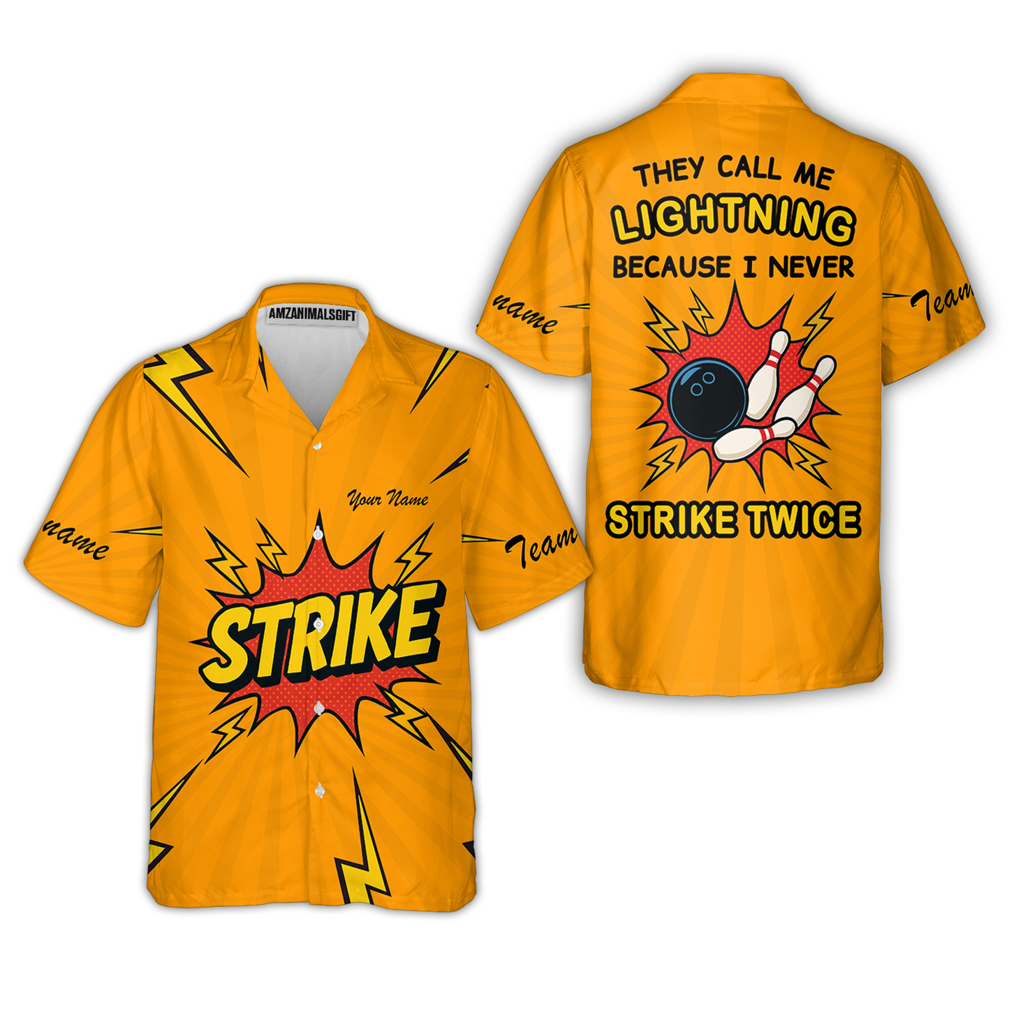 Customized Bowling Team Button Up Shirt, They Call Me Lightning Because I Never Strike Twice Comic Style Hawaiian Shirt